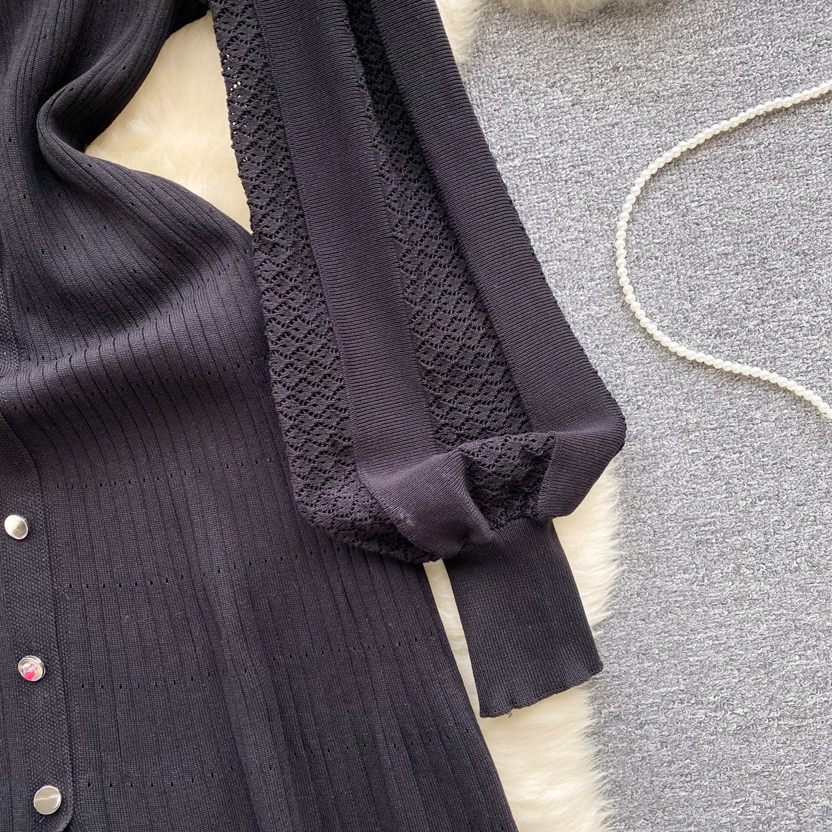 Doll Collar Black Knitted Shirt Dress