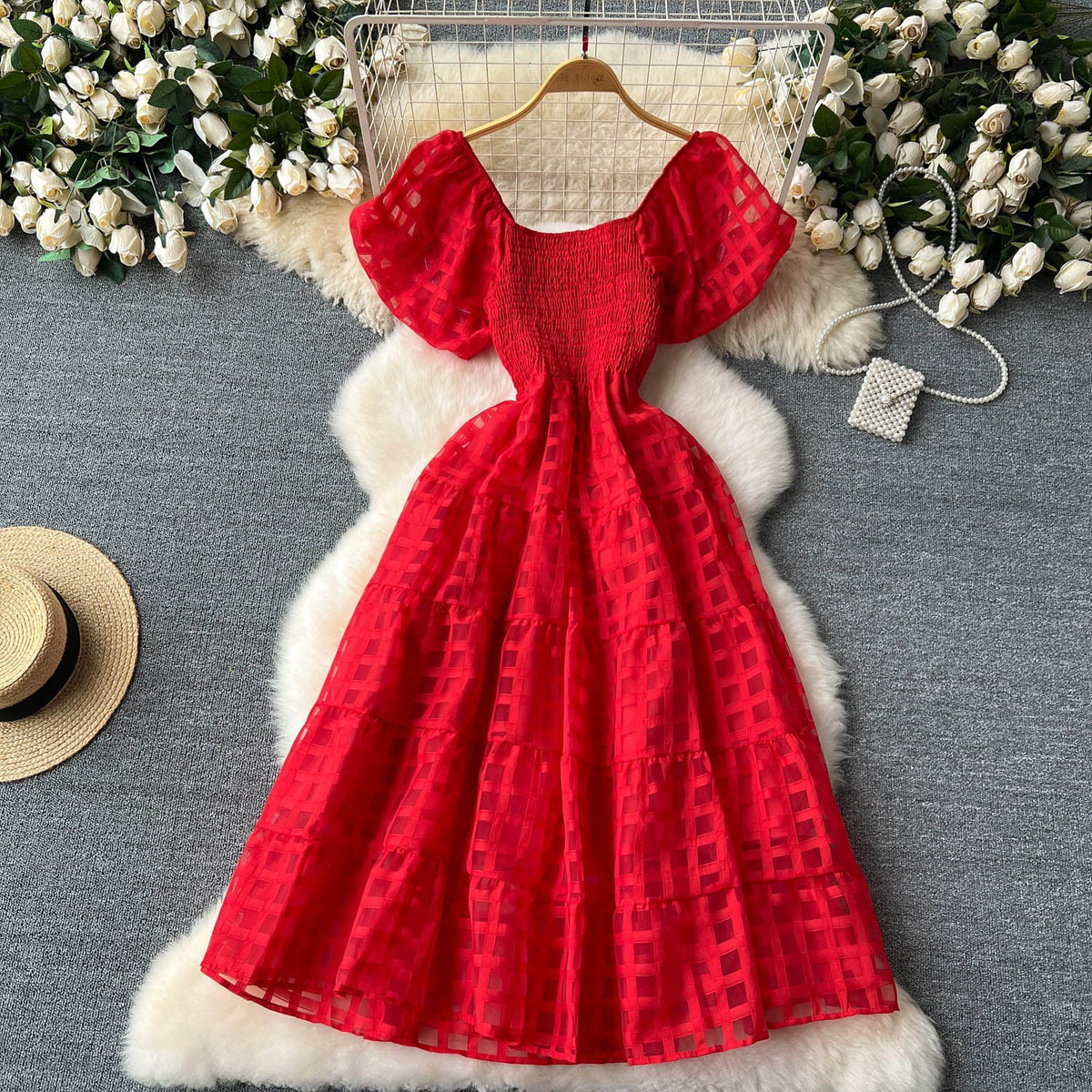 Solid Color Plaid Puffy Dress
