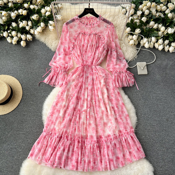 Elegant Sequined Floral Chiffon Dress