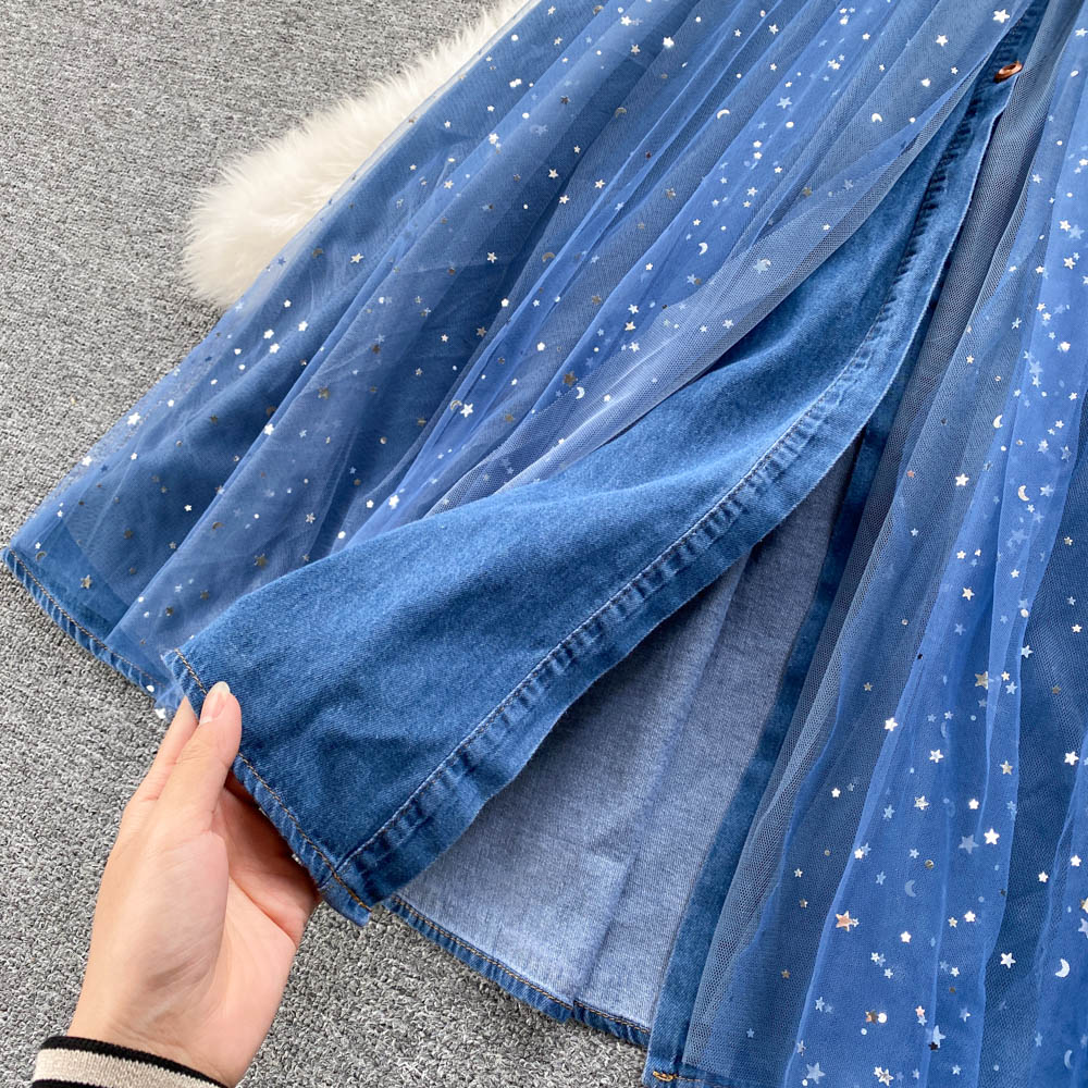 Niche Mesh Patchwork Denim Shirt Dress