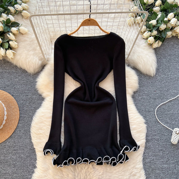 Vintage Ruffled Hem Knit Black Dress