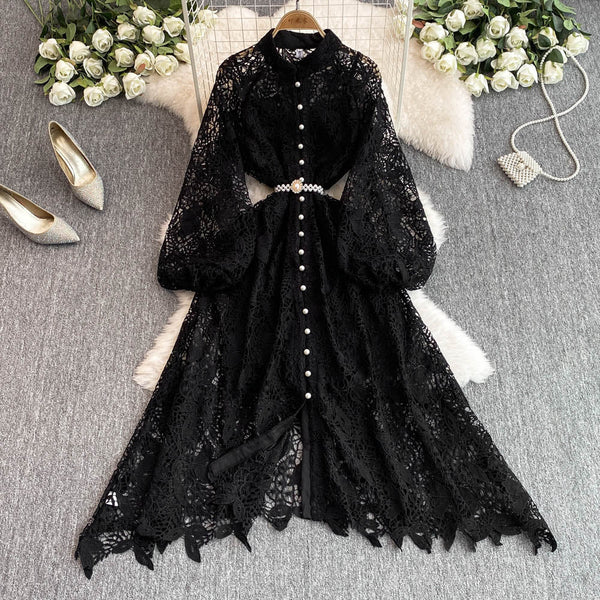 Hollow Embroidery Dress&Slip Dress 2Pcs