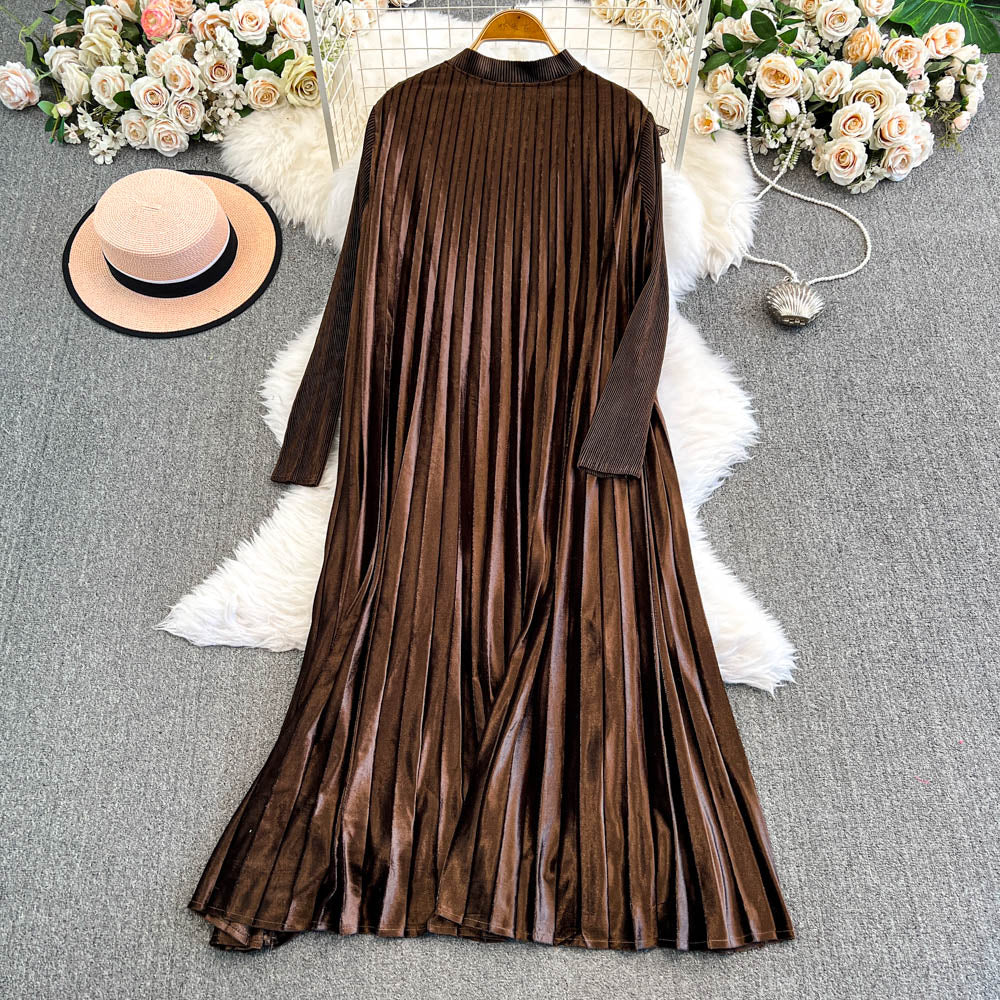 Beaded Shoulder Pleated Coffee Dress
