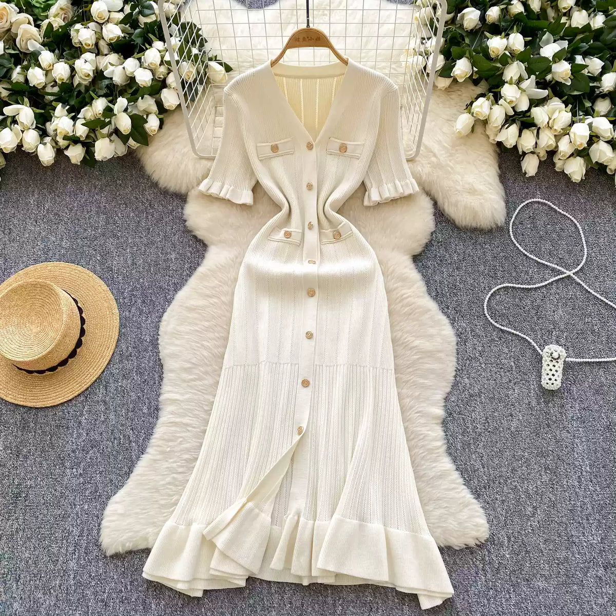 French Style V-neck Knit Shirt Dress