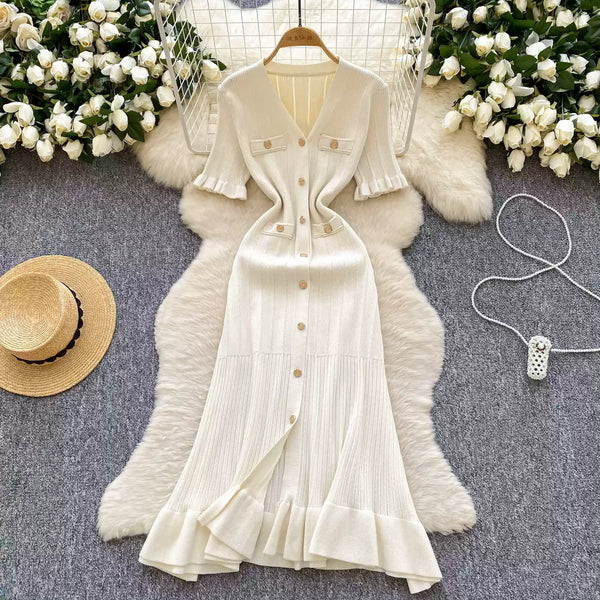 French Style V-neck Knit Shirt Dress