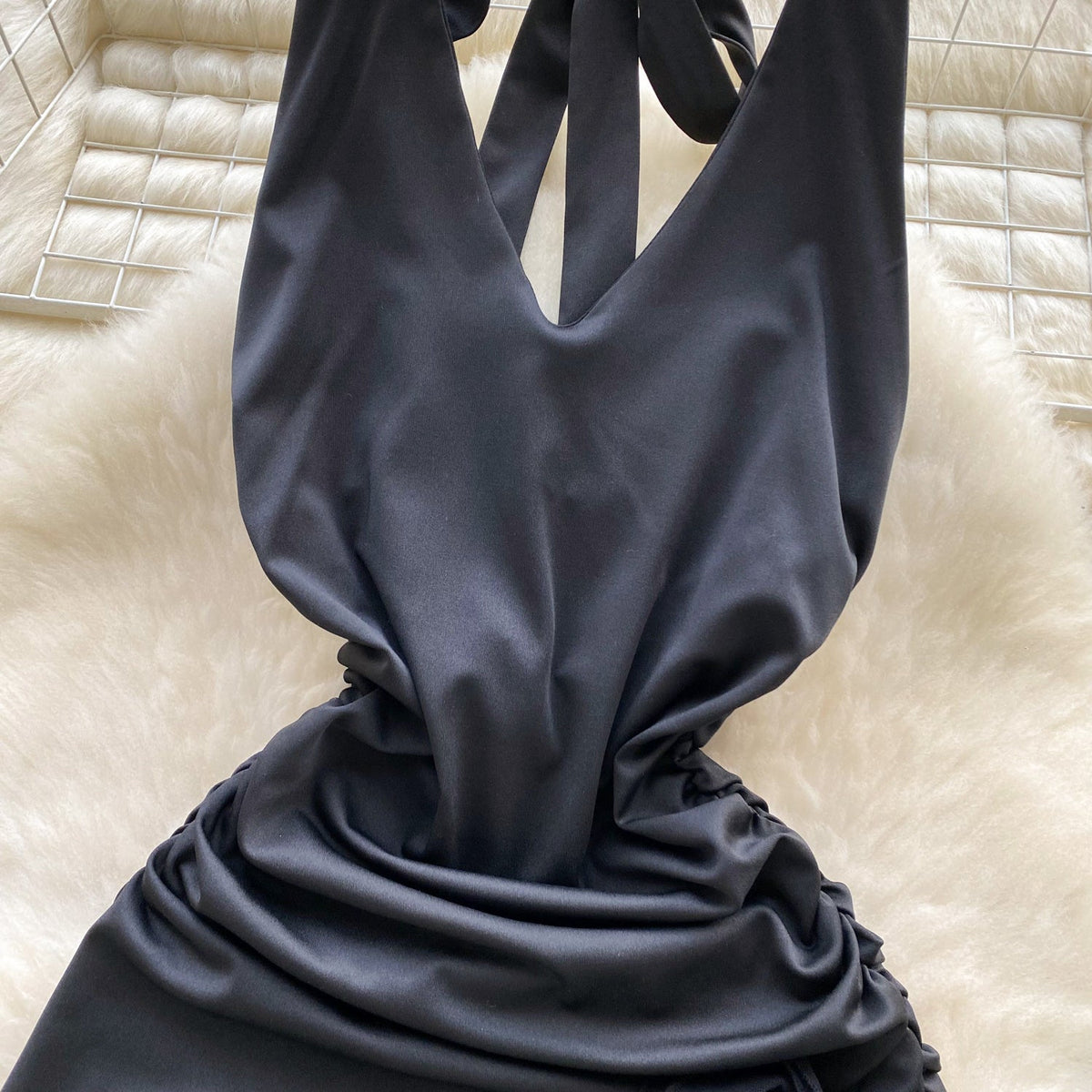 Irregular Design Pleated Black Dress