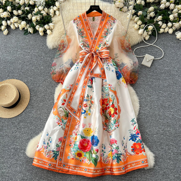 Courtly Lace-up Floral Printed Dress