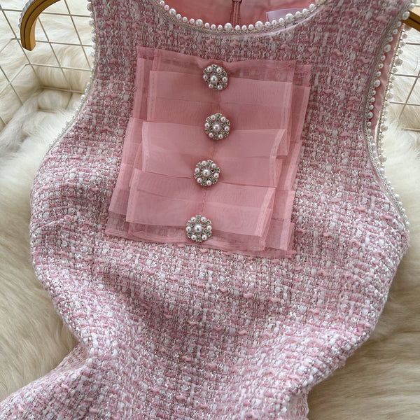 Sweetie Round Collar Pink Tweed Dress