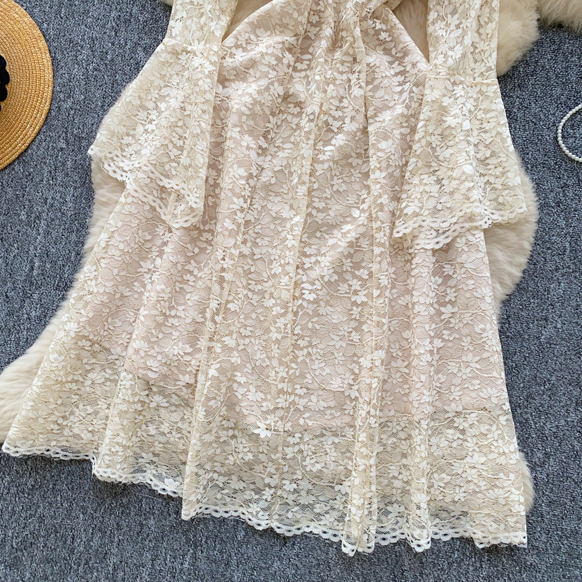 3D Floral Beaded Hollowed Lace Dress