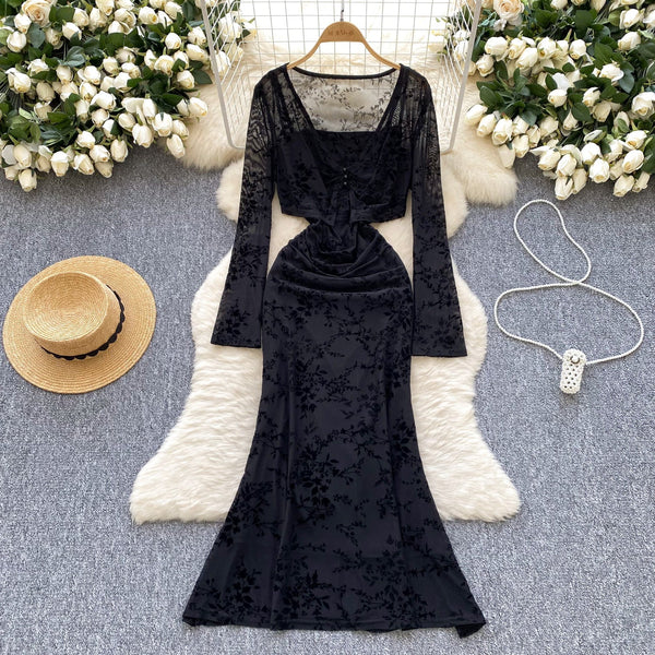 Mesh Cape & Embroidered Black Dress 2Pcs