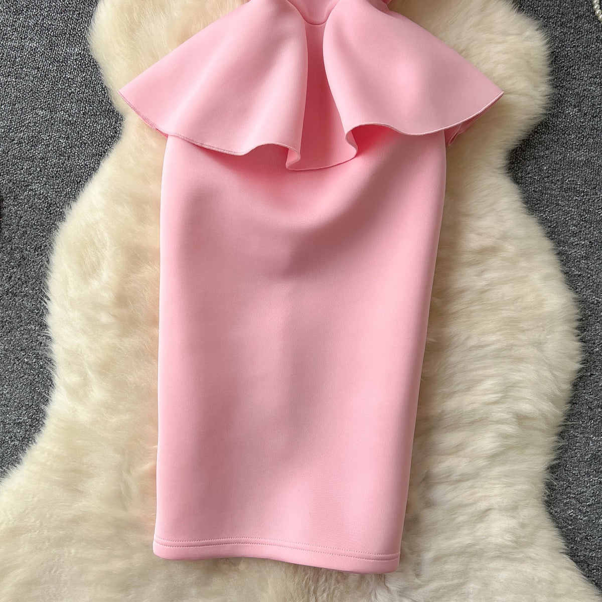 Beaded Bow-tie Ruffled Pink Dress