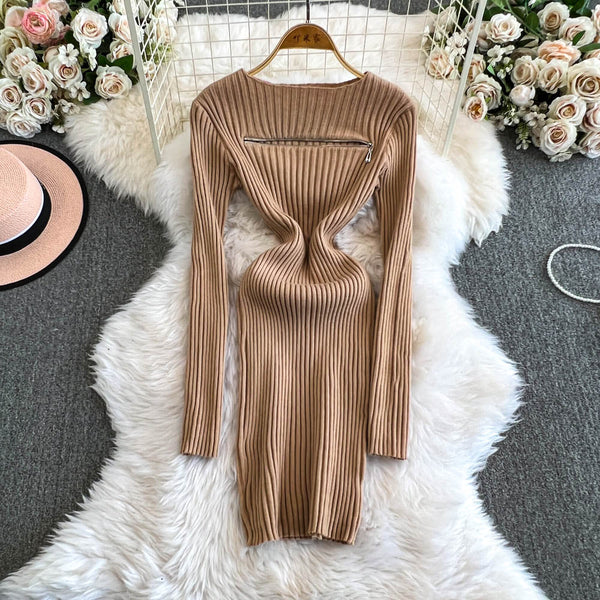 Niche Zipped Hip-wrapping Knit Dress
