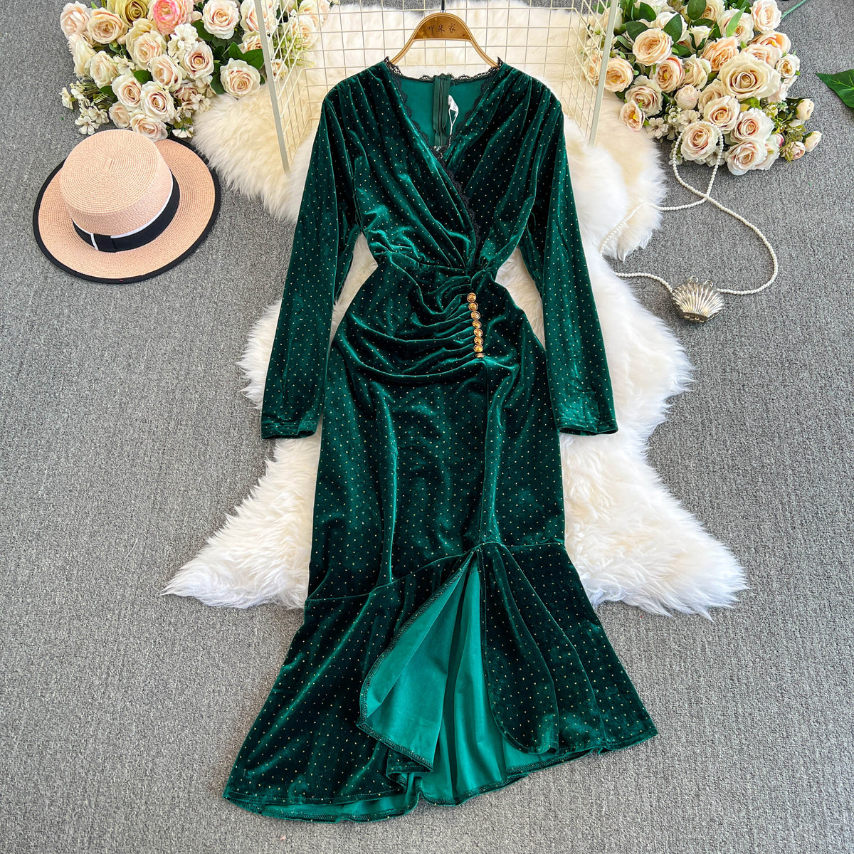 V-neck Beaded Fishtail Suede Dress