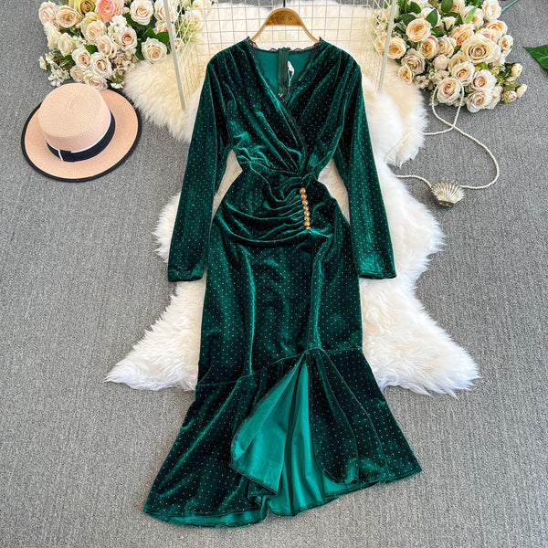 V-neck Beaded Fishtail Suede Dress