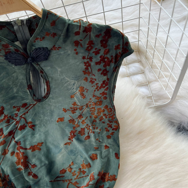Vintage Tie-dye Floral Hollowed Cheongsam