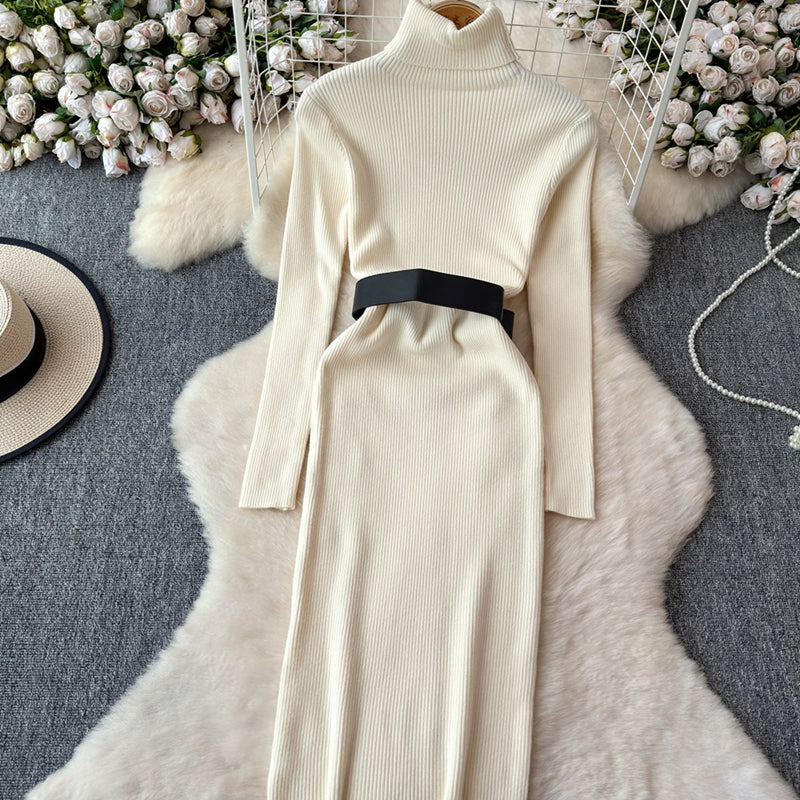 French Style Knitted Dress with Waistband