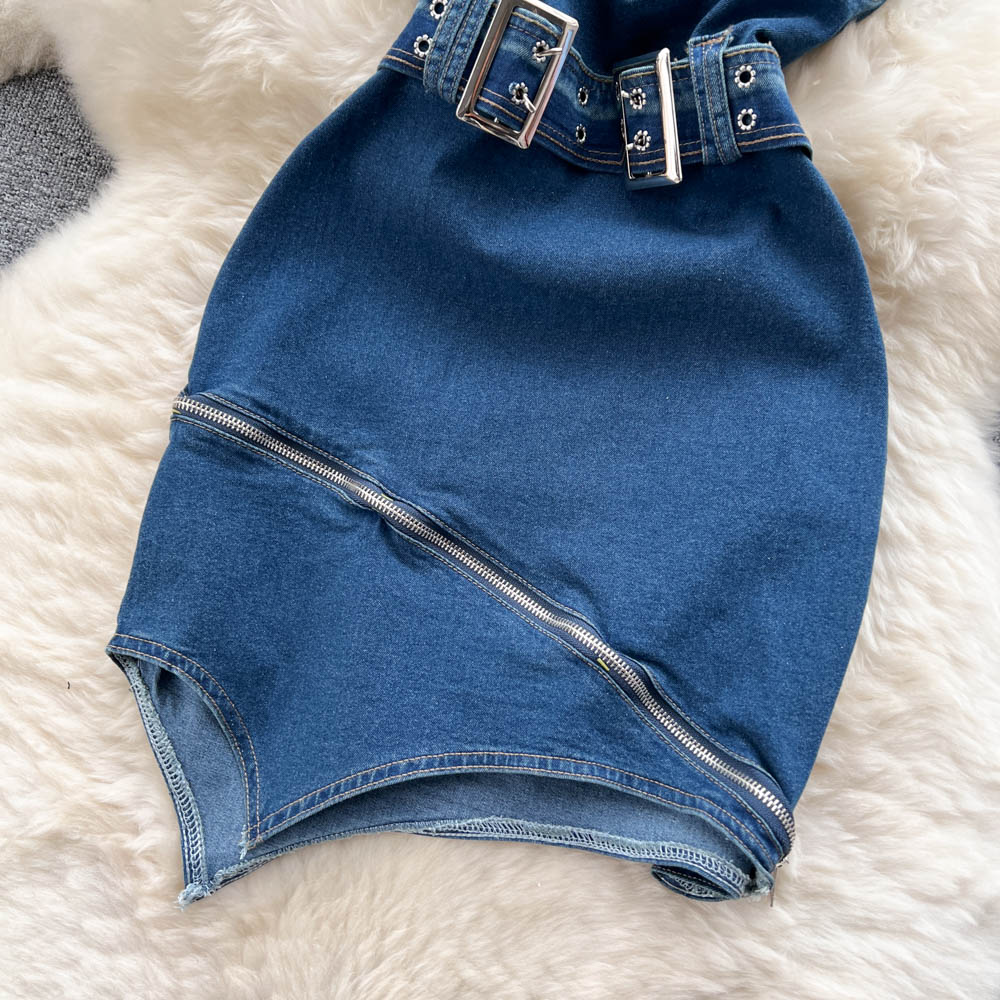Vintage Asymmetric Denim Off-shoulder Dress
