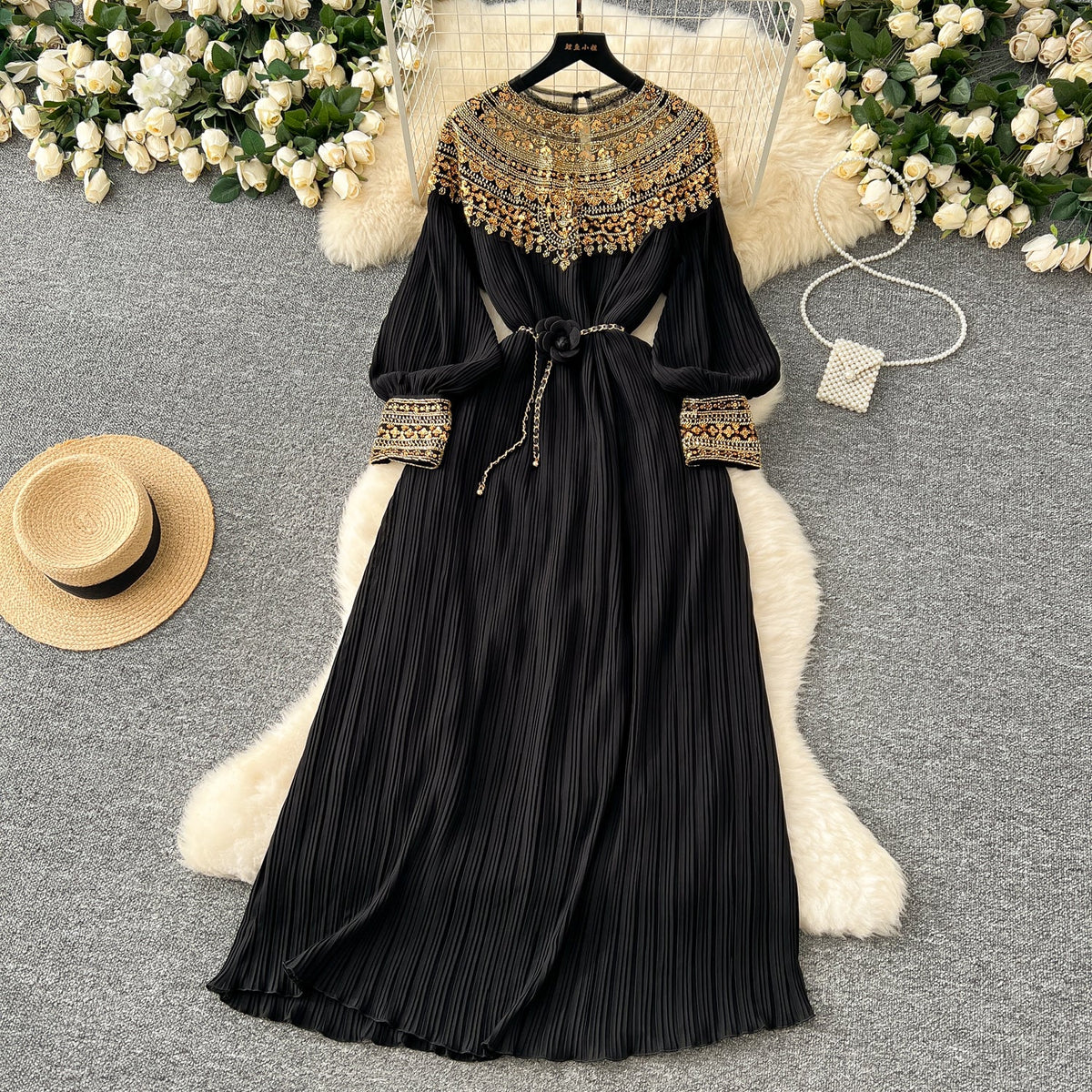Ethnic Style Beaded Pleated Dress