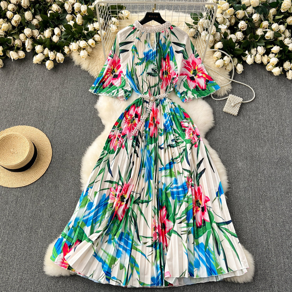 Beaded Crew Neck Printed Dress