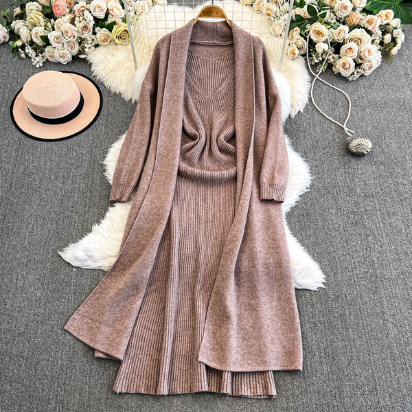 Openwork Cardigan&Vest Dress 2Pcs