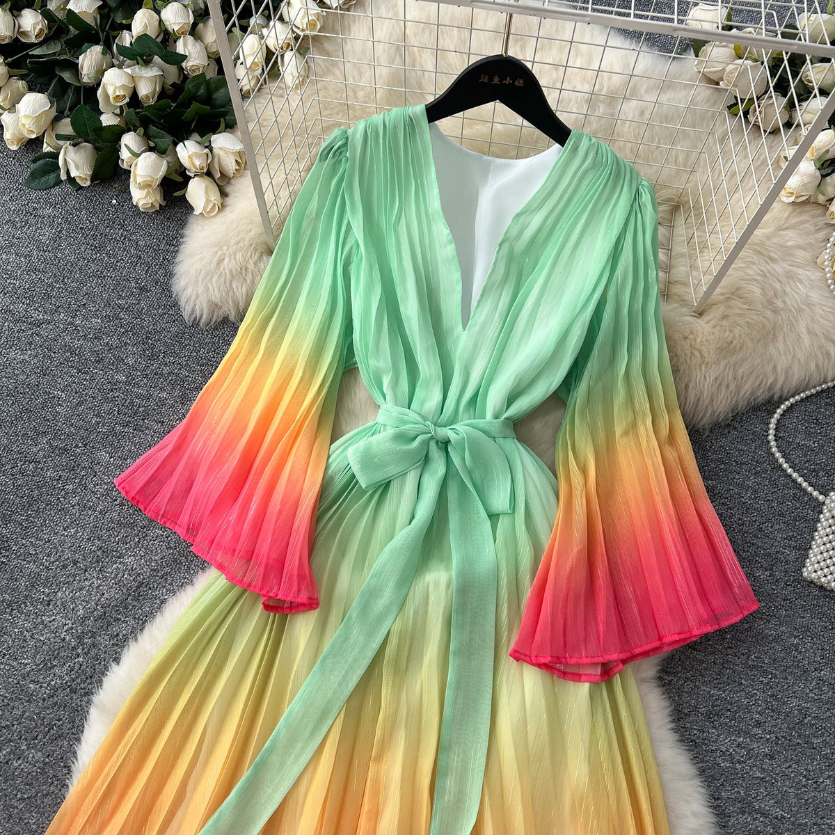 Gradient Color V-neck Fairy Dress