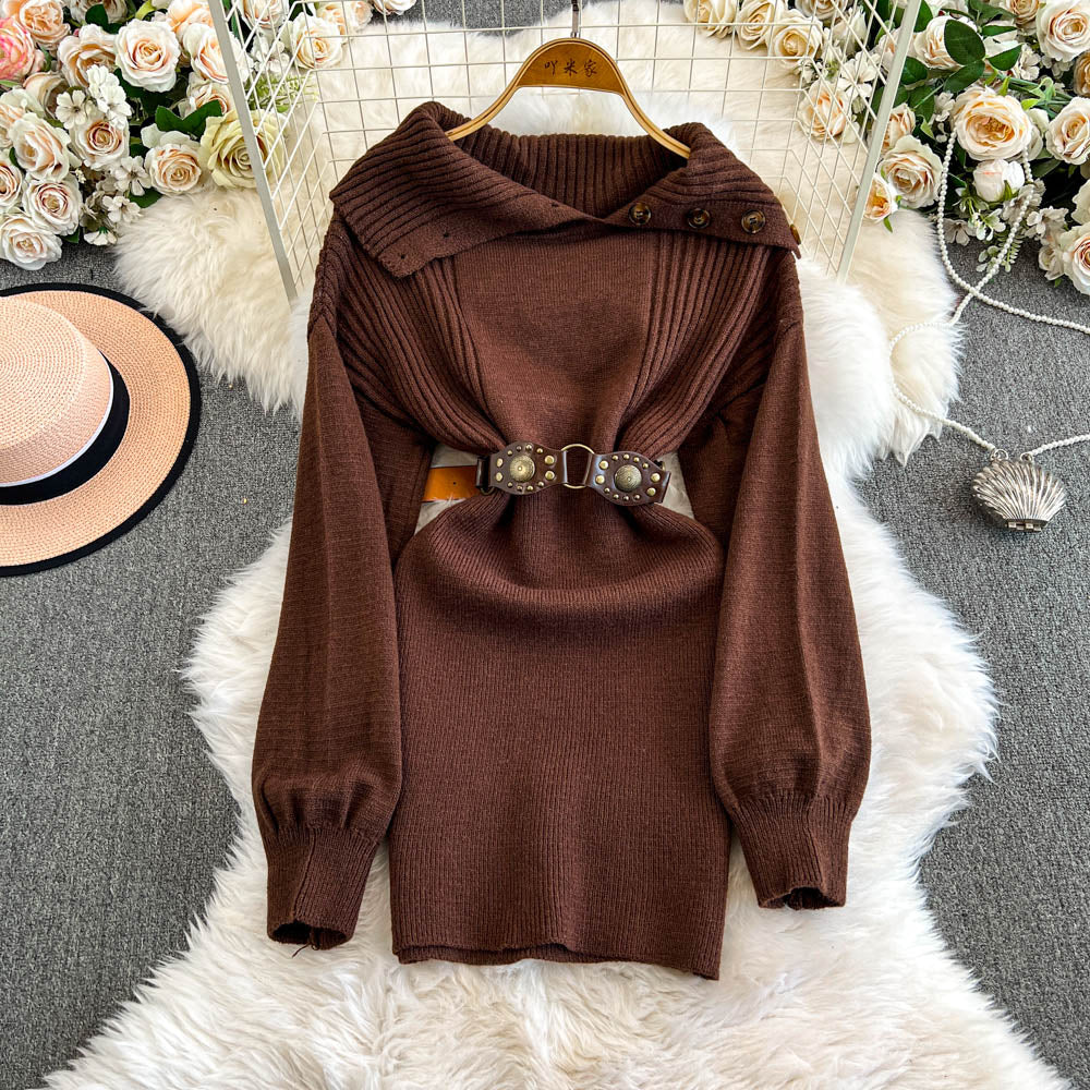 Lapeled Knitted Dress with Belt