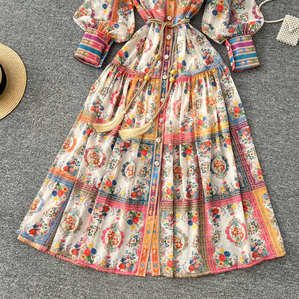 Elegant Stand Collar Floral Shirt Dress