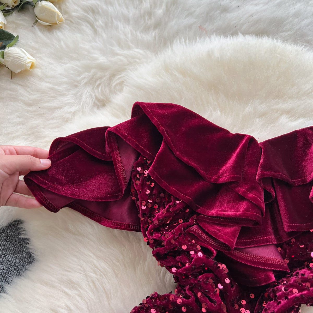 Ruffled Neckline Sequined Velvet Dress