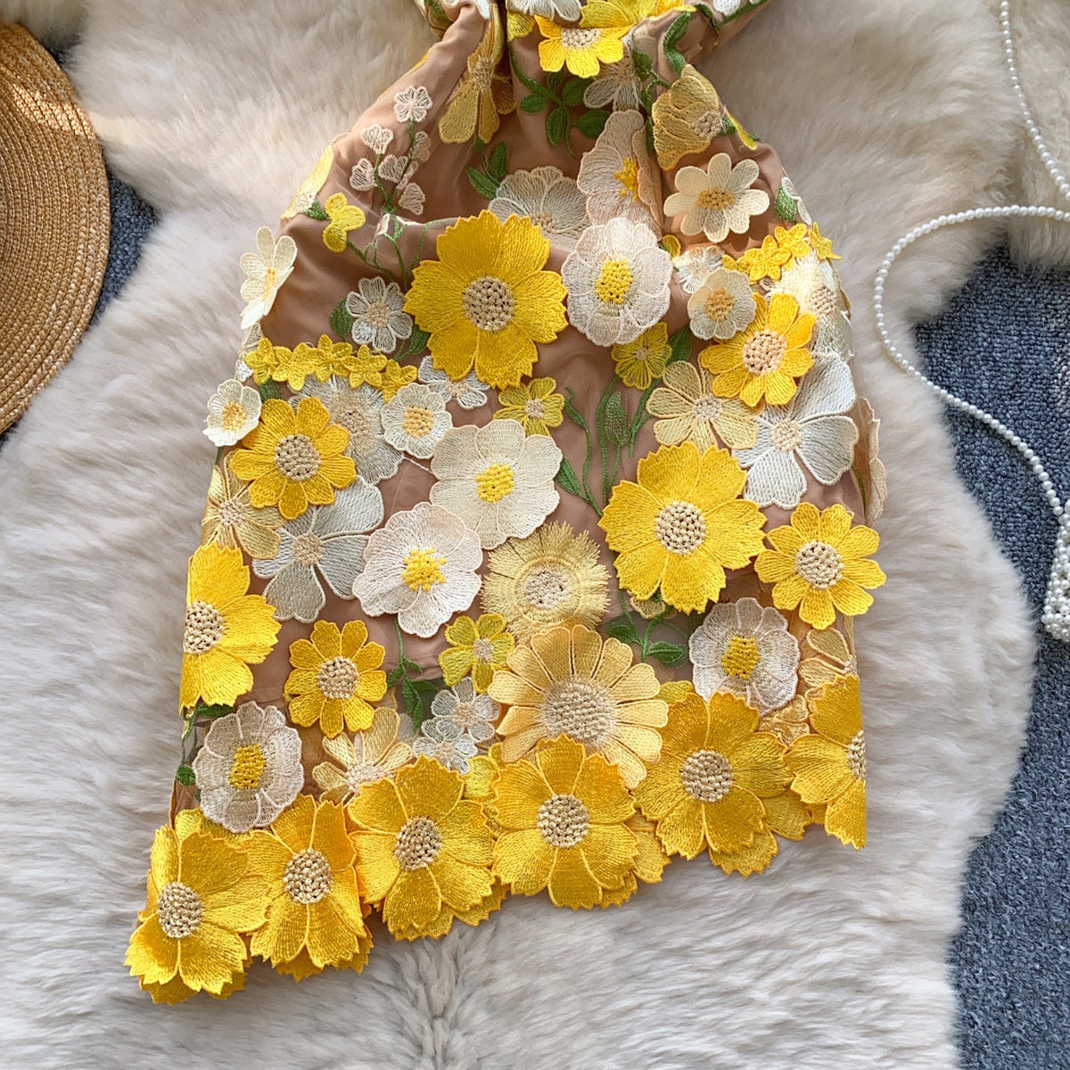 3D Yellow Flower Off-shoulder Dress