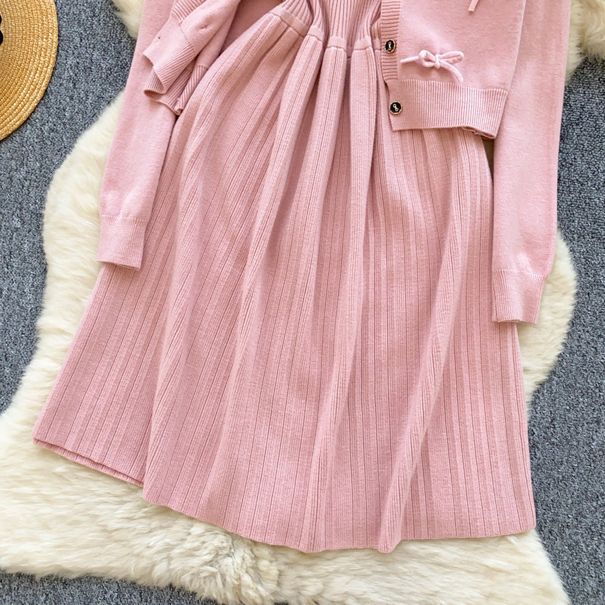 Bow Cardigan & Vest Dress Knit 2Pcs
