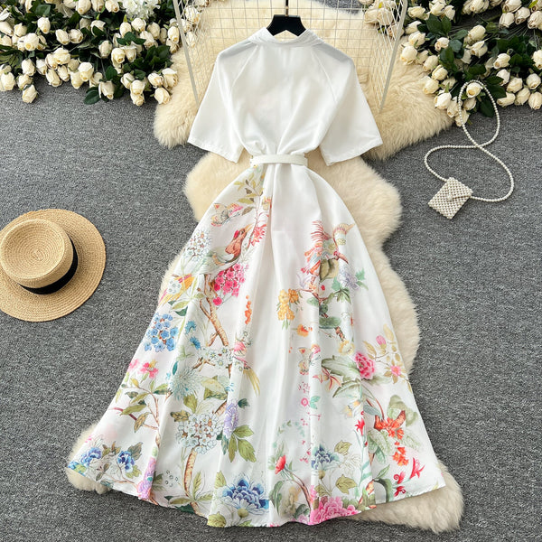 Polo Collar Floral White Shirt Dress