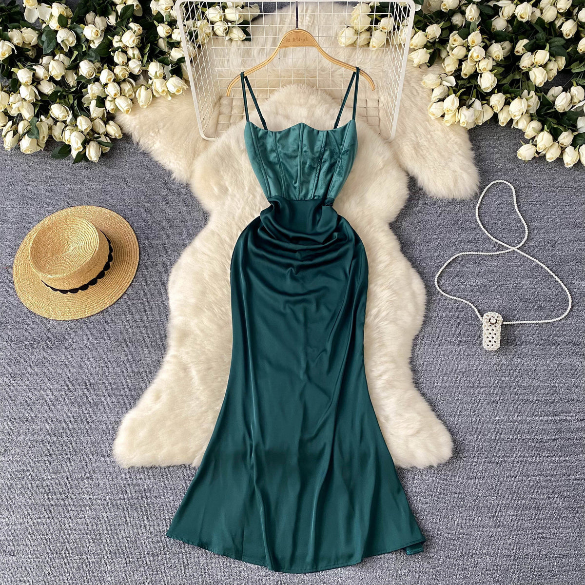Slim-fit Fishbone Satin Slip Dress