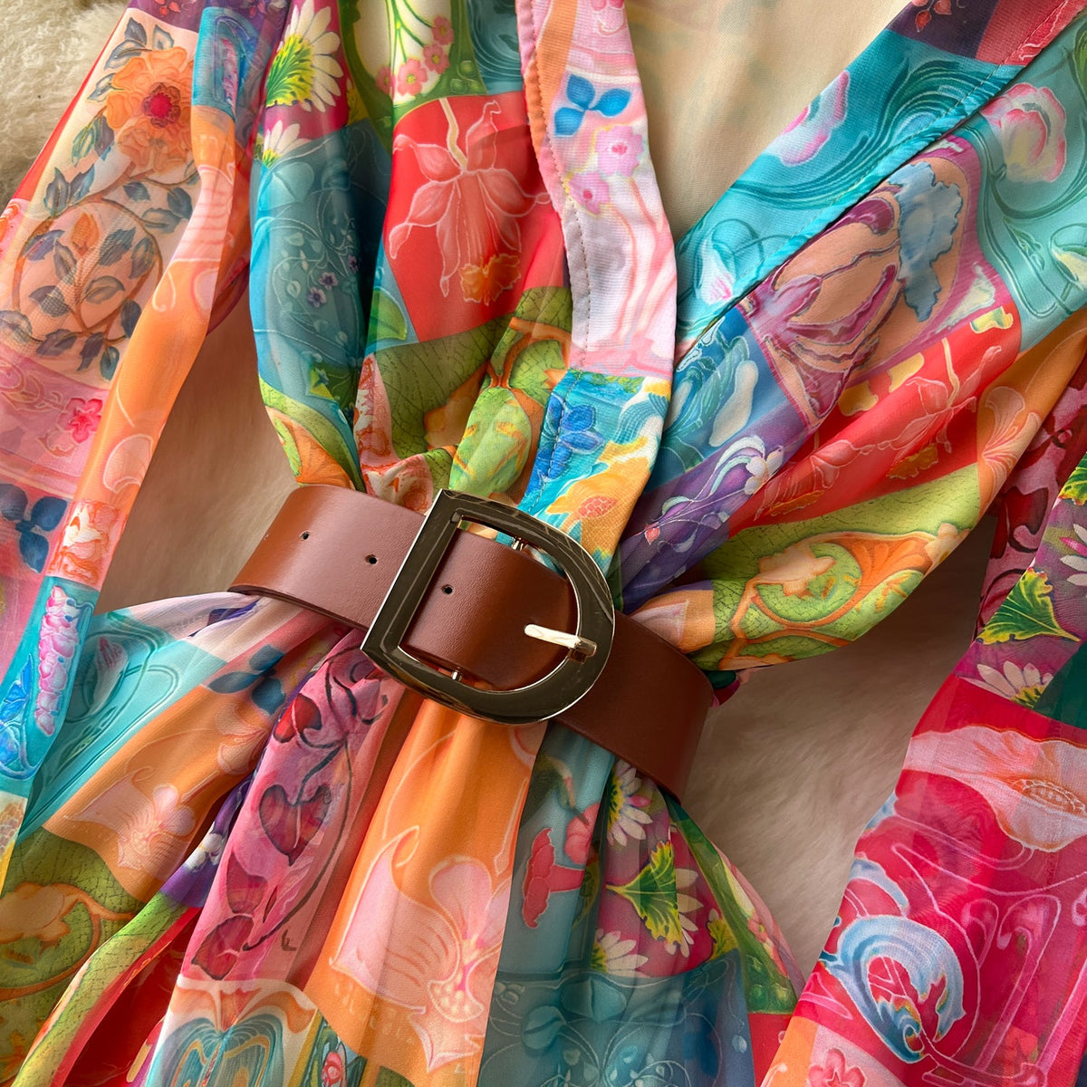 V-neck Colorful Printed Chiffon Dress