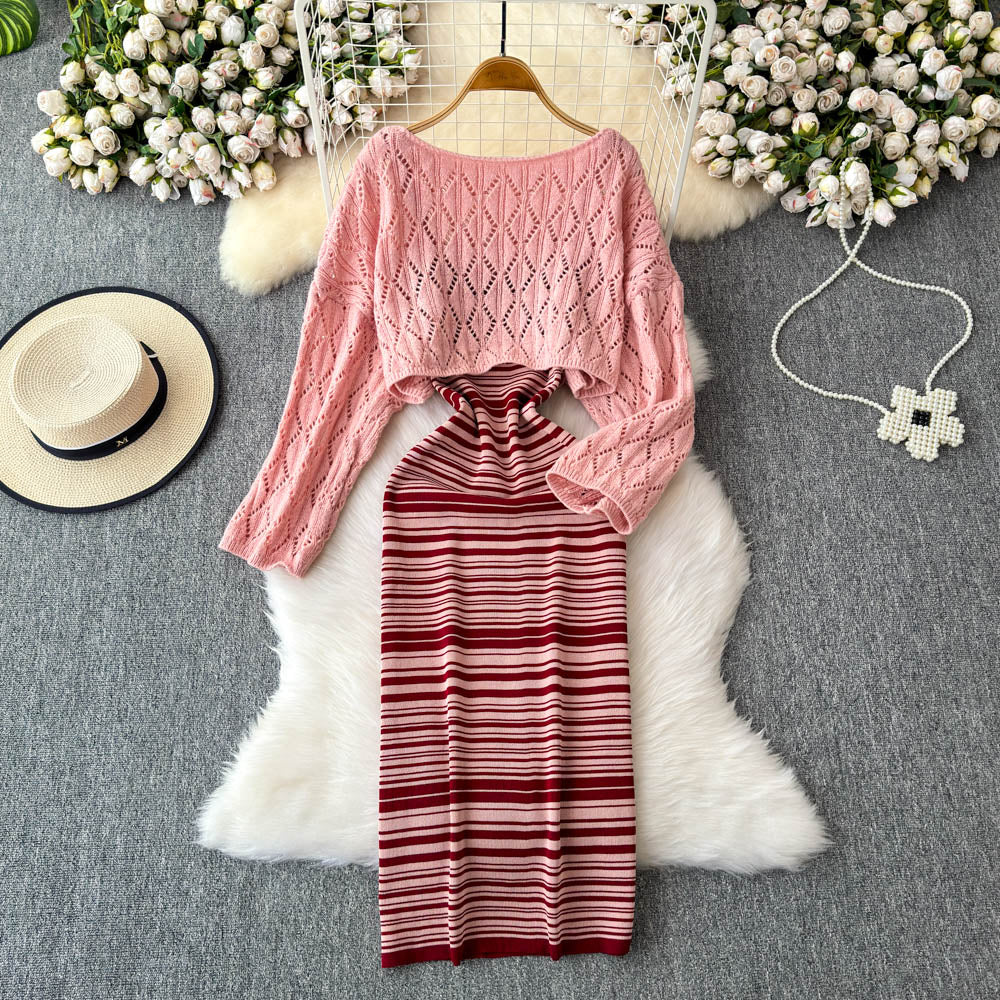 Striped Slip Dress&Hollowed Sweater 2Pcs