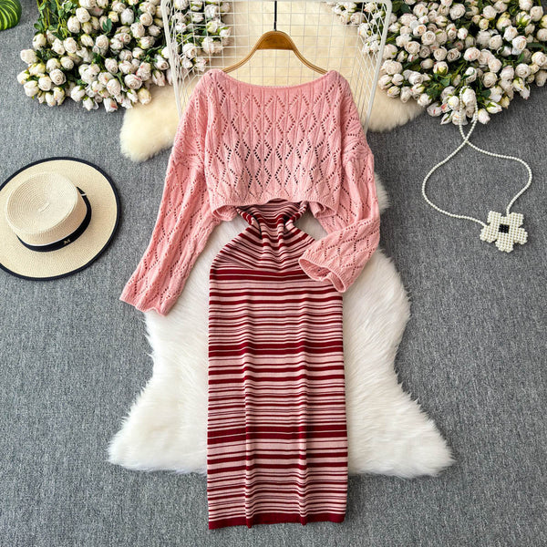 Striped Slip Dress&Hollowed Sweater 2Pcs