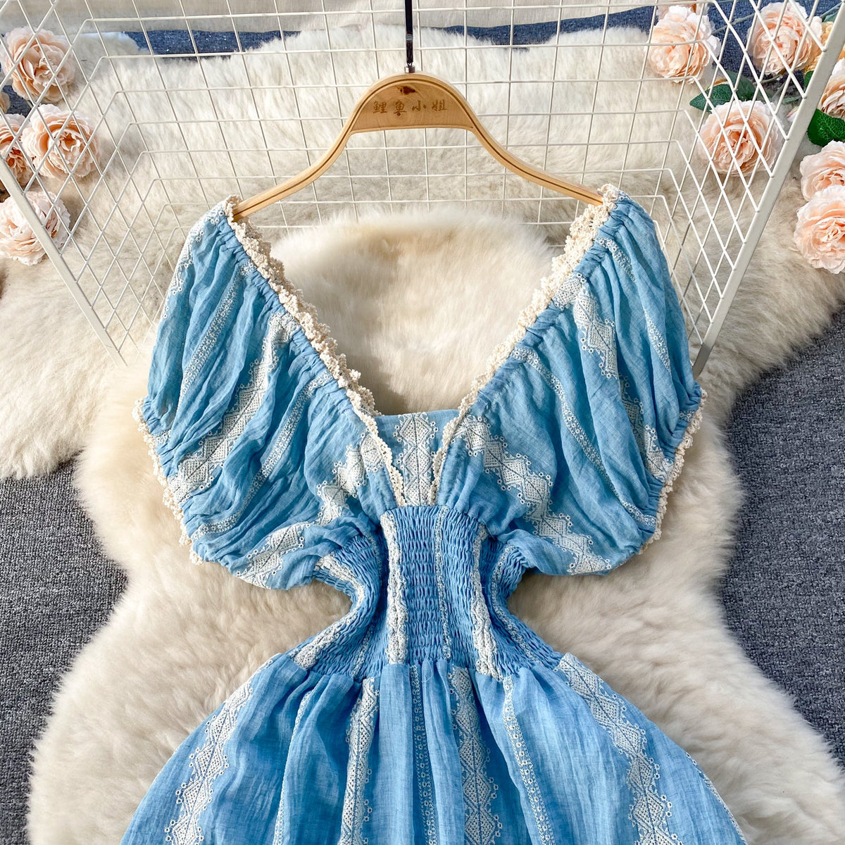 French Style Lace Trim Blue Dress