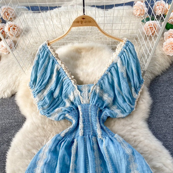 French Style Lace Trim Blue Dress