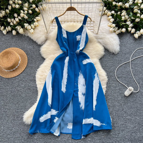 Vintage Printed Split Slip Dress