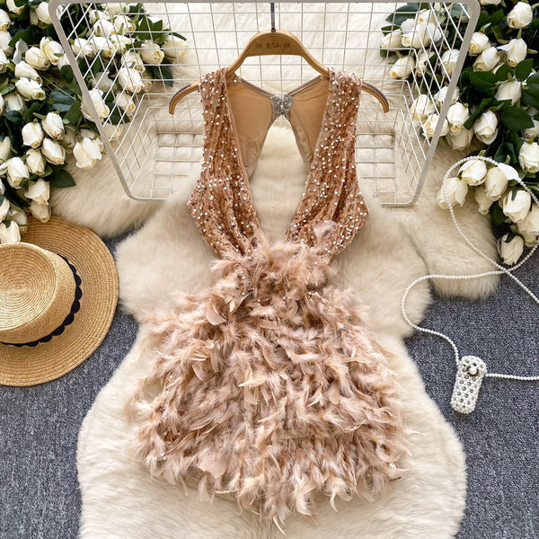 Hollowed Deep V-neck Sequined Dress