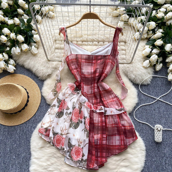 Plaid Floral Patchwork Slip Dress