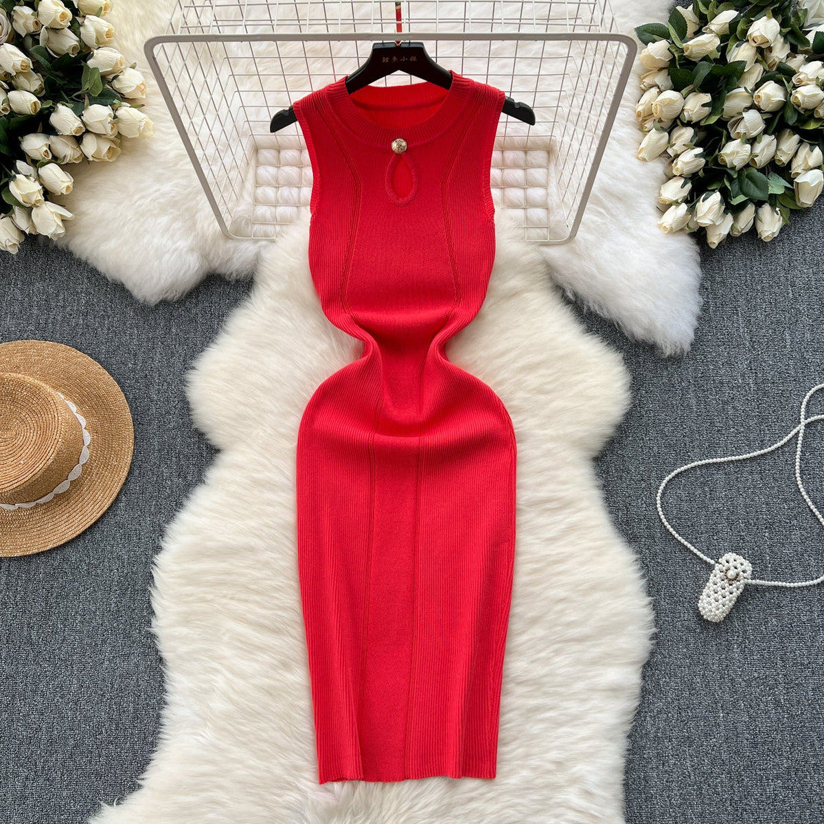 Round Collar Hollowed Knitted Dress