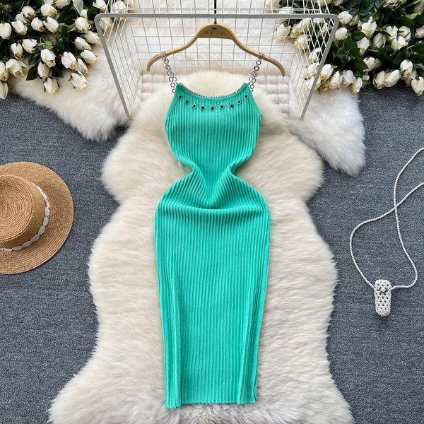 Rhinestone Studded Knitted Slip Dress