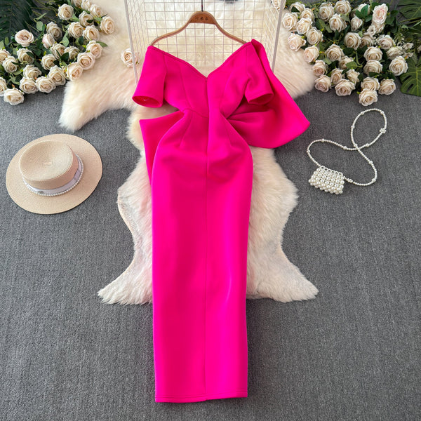 Asymmetric Bow Hip-wrapping Satin Dress