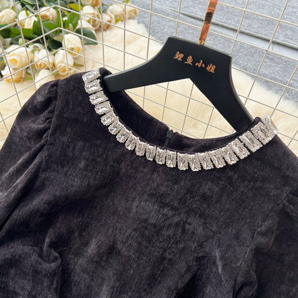 Rhinestone Studded Sequined Mesh Black Dress