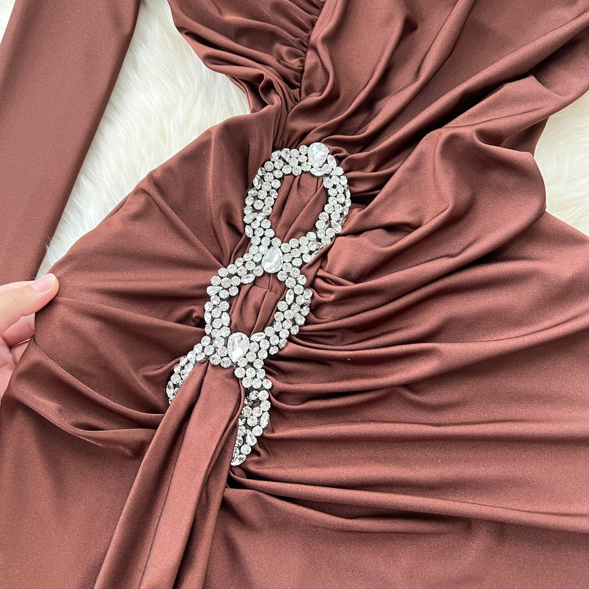 Premium V-yaka Rhinestone Taşlı Elbise