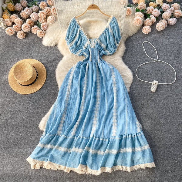 French Style Lace Trim Blue Dress