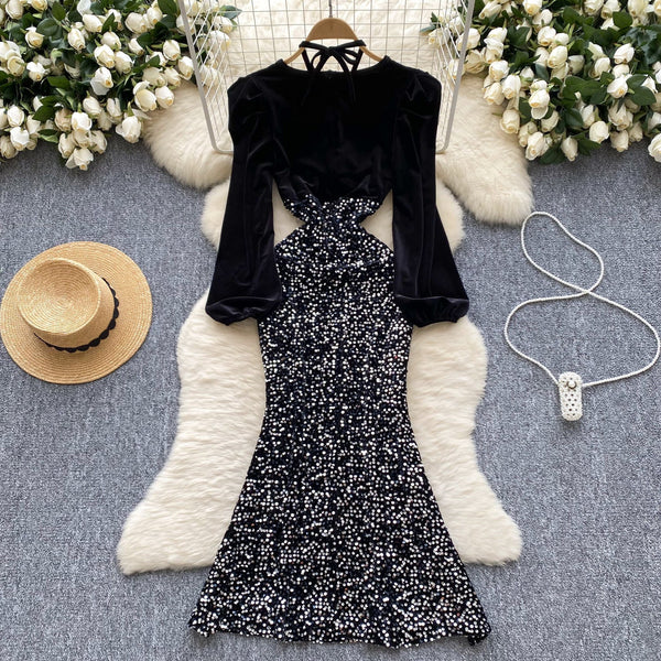 Sequined Black Lace-up Halter Dress