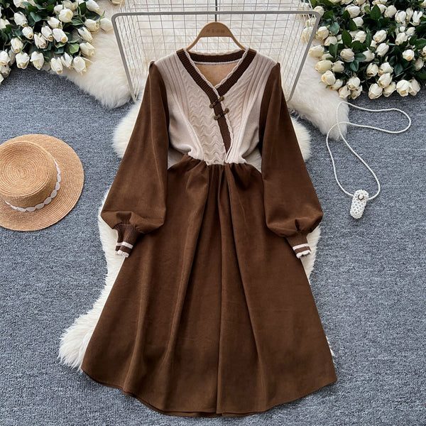 Vintage Knot Button Knit Patchwork Dress