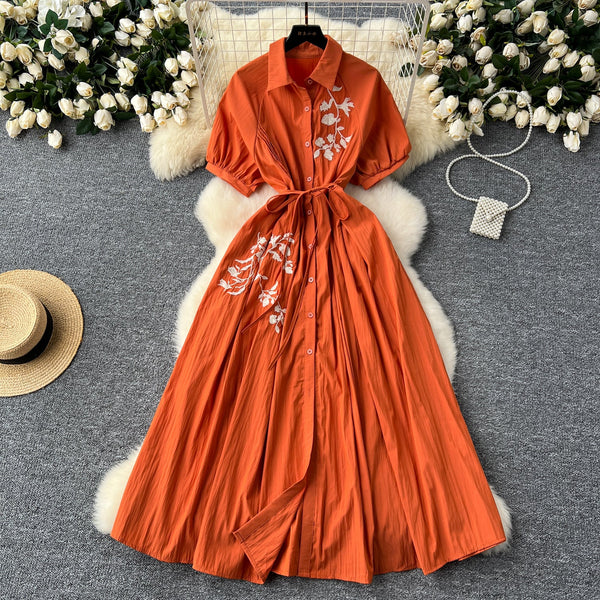 Vintage Floral Embroidered Shirt Dress