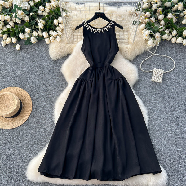 Beaded Sleeveless Halter Black Dress